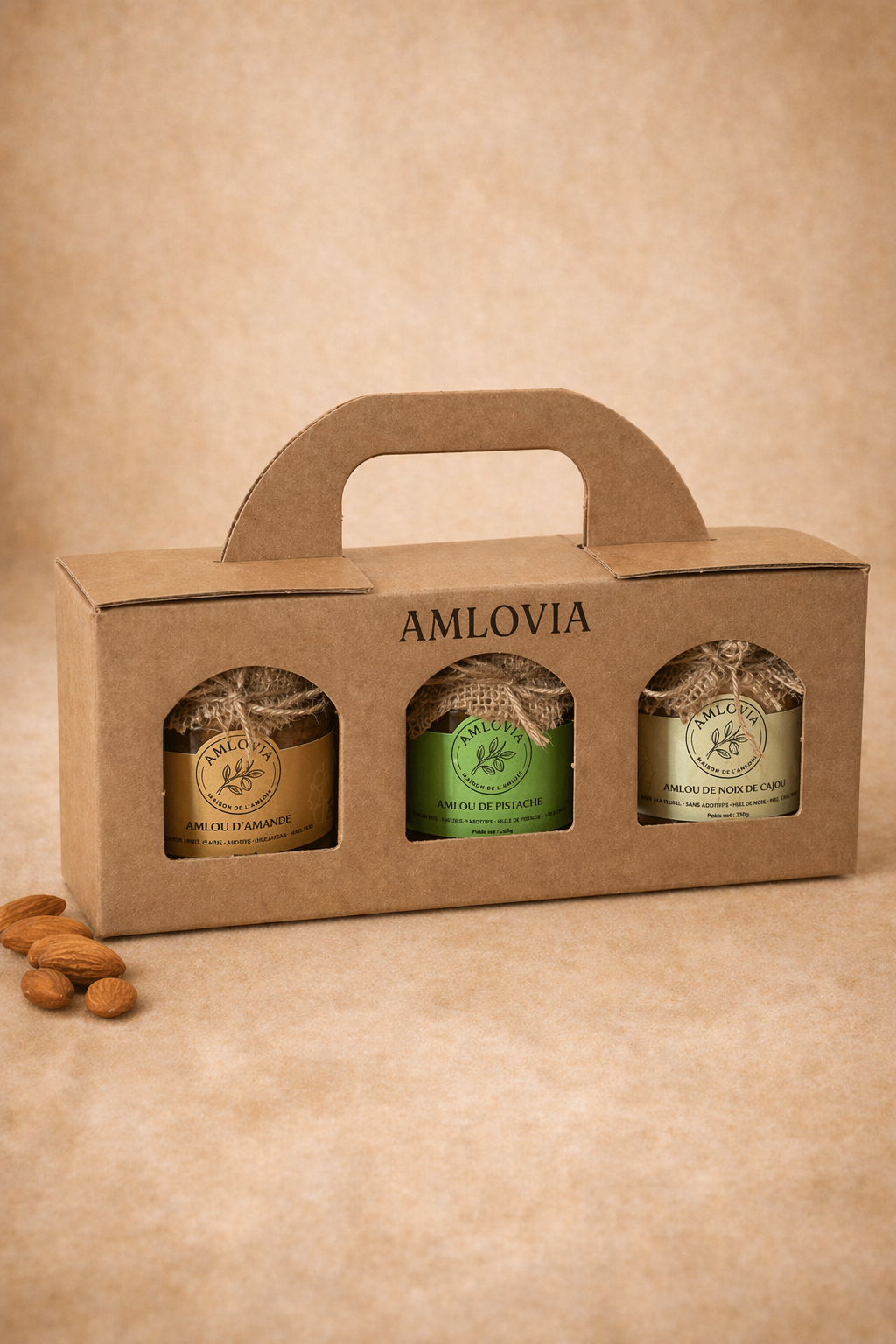 Coffret Amlou Amlovia - trio pâte à tartiner marocaine amande, pistache et noix de cajou, huile d'argan et miel pur