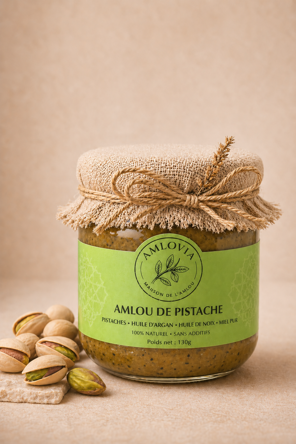 Amlou de pistache artisanal Amlovia - pâte à tartiner marocaine aux pistaches, huile d'argan et miel pur, 100% naturelle